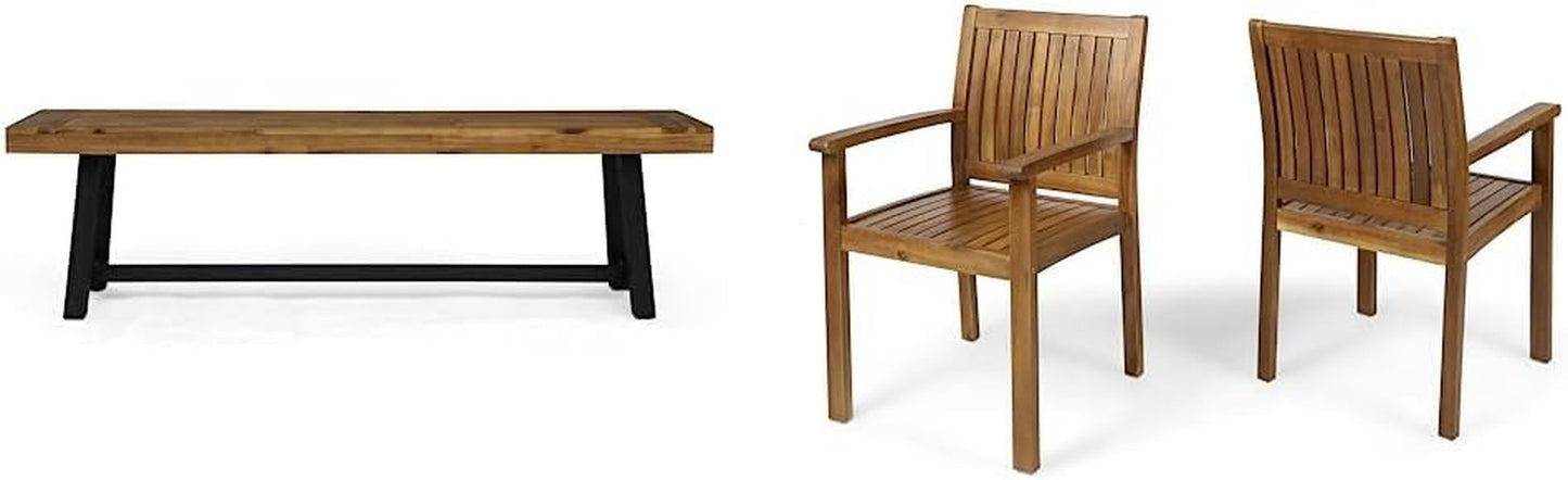 Christopher Knight Home Toby Outdoor Acacia Wood Bench, Sandblast Teak Finish and Black & Furmax Metal Dining Chair Indoor-Outdoor Use Stackable Classic Trattoria Chair Set of 4 (Black) Chairs Lawn & Garden Patio Patio Dining Chairs Patio Furniture & Accessories Patio Seating