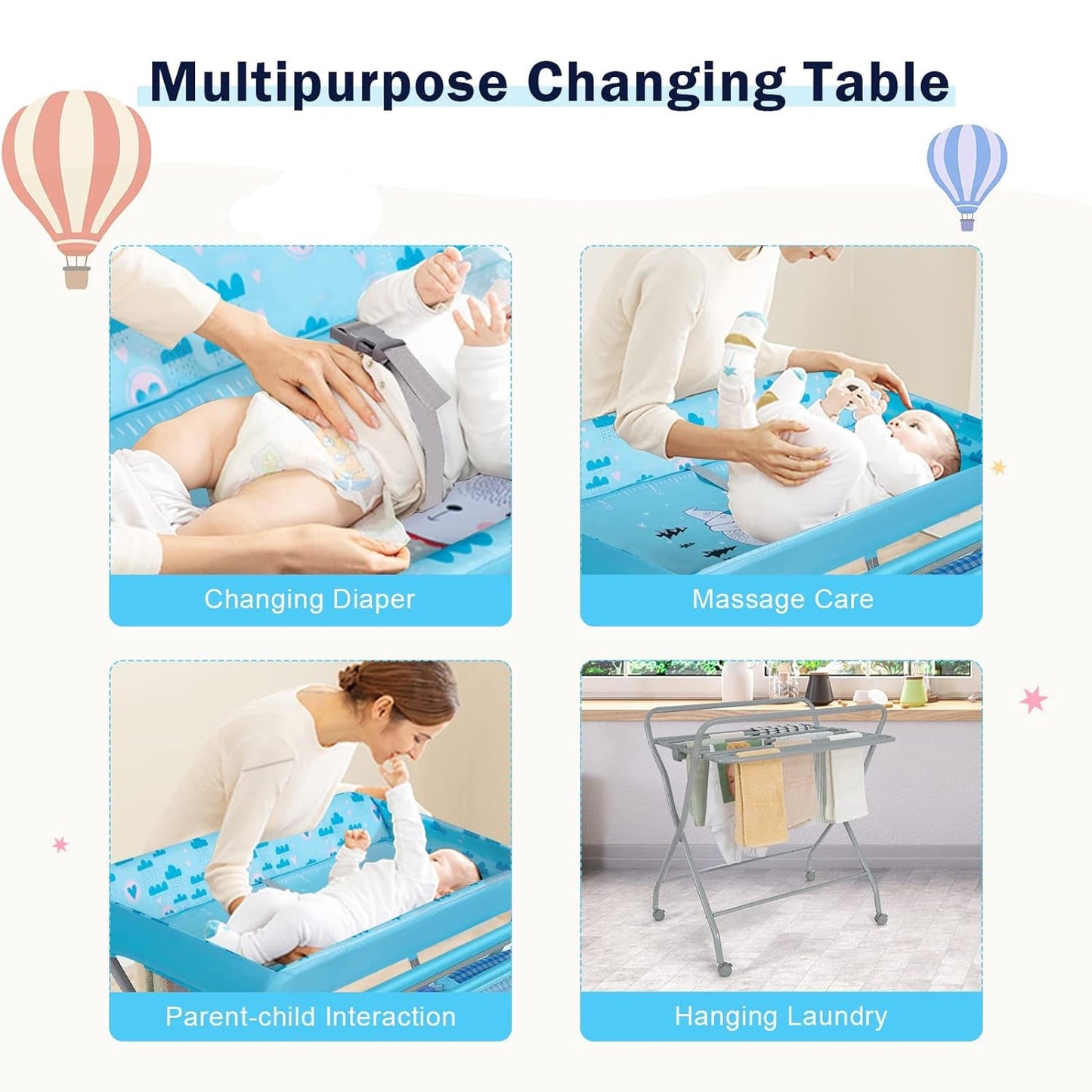 Costzon Portable Changing Table, Mobile Baby Changing Table with Wheels, Safety Belt, Large Storage Basket, Rack & Shelf, Folding Diaper Changing Station Nursery Organizer for Infant Newborn (Blue) Baby Products Changing & Dressing Changing Tables Furniture Nursery