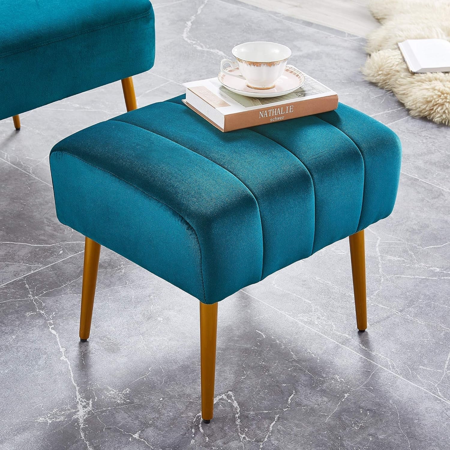 Ball & Cast Upholstered Ottoman Stool Modern Velvet Vanity Stool Footrest with Metal Legs, Teal Furniture Home & Kitchen Living Room Furniture Ottomans