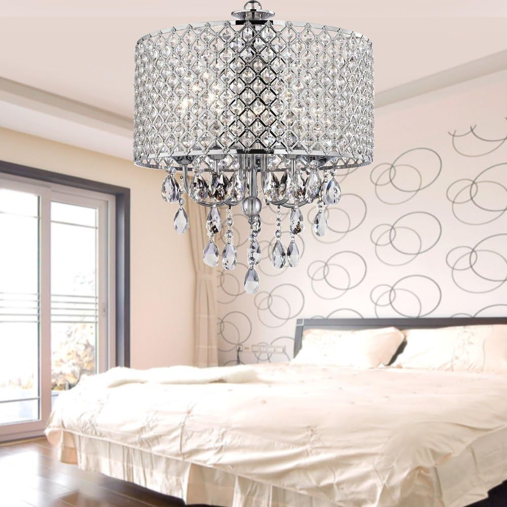 Chrome Finish 4-Light round Chandelier, Drum Crystal Chandelier,Glam Bedroom Ceiling Chandelier Light Fixture, Flush Mounted Crystal Pendant Light Ceiling Lights Chandeliers Lighting & Ceiling Fans Tools & Home Improvement