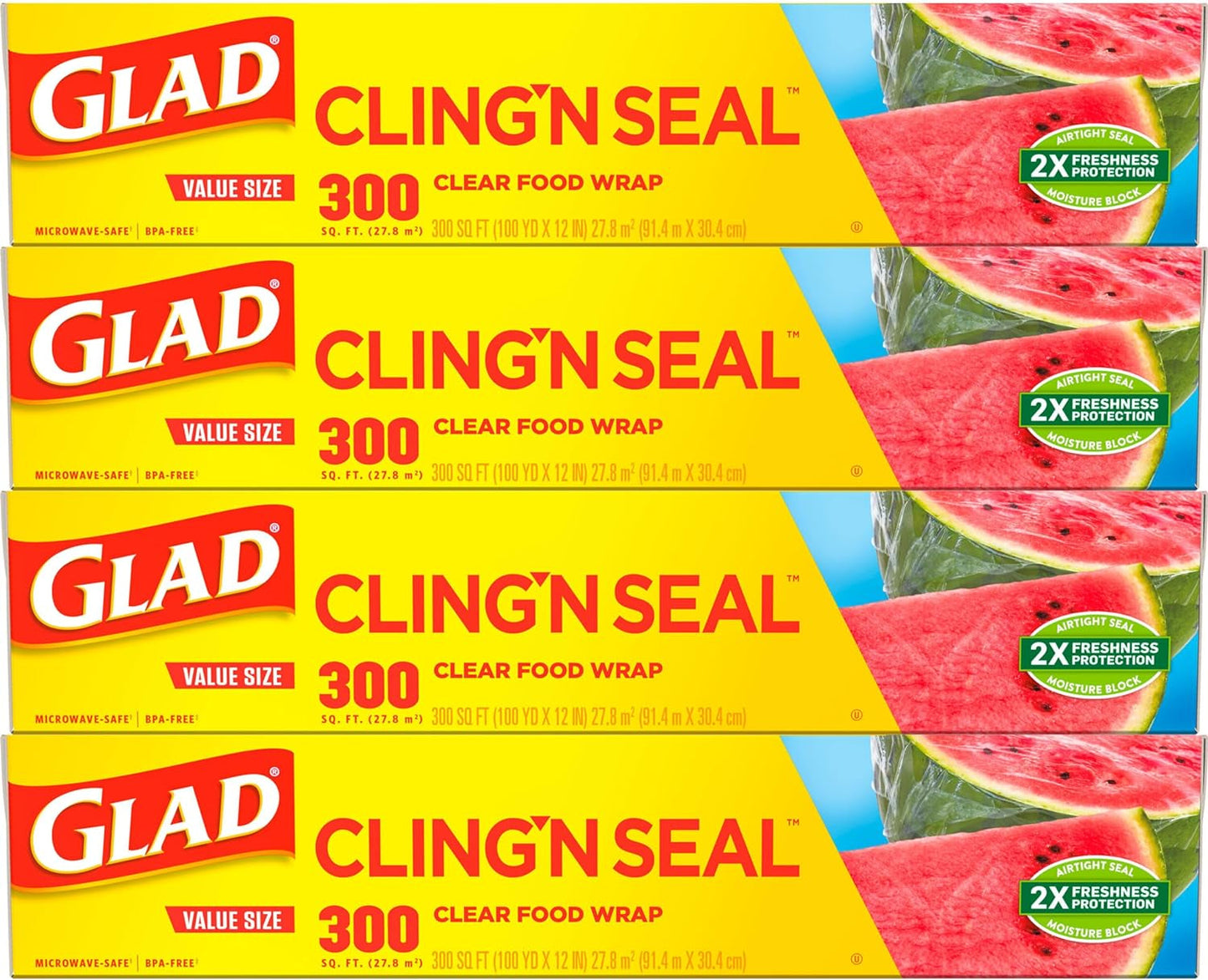 Glad Cling N Seal Plastic Food Wrap, 300 Square Foot Roll - 4 Pack (Package May Vary) Disposable Food Storage Health & Household Household Supplies Paper & Plastic