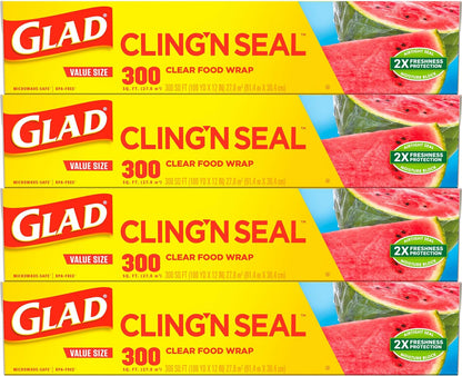 Glad Cling N Seal Plastic Food Wrap, 300 Square Foot Roll - 4 Pack (Package May Vary) Disposable Food Storage Health & Household Household Supplies Paper & Plastic