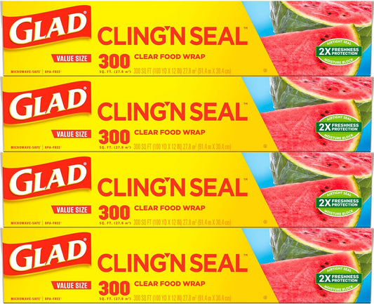 Glad Cling N Seal Plastic Food Wrap, 300 Square Foot Roll - 4 Pack (Package May Vary) Disposable Food Storage Health & Household Household Supplies Paper & Plastic