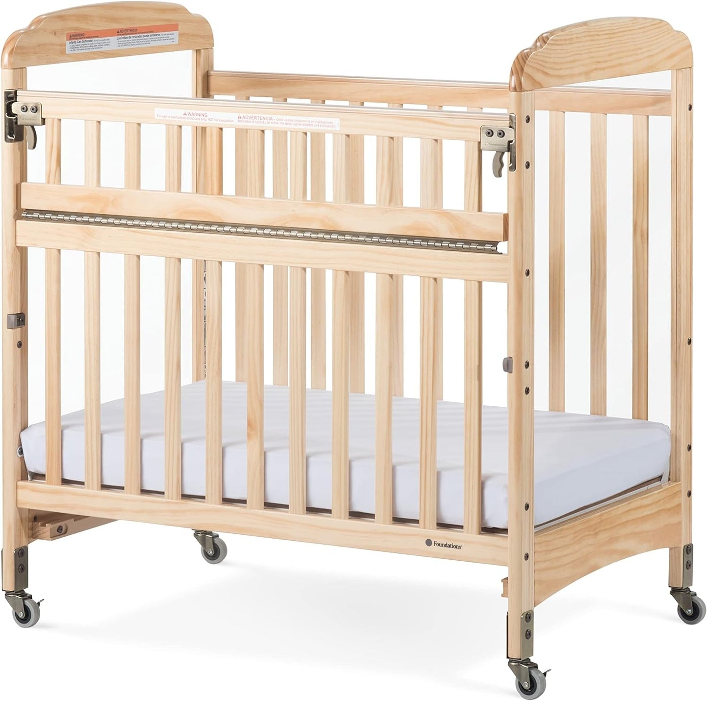 Foundations Serenity Safereach Crib with Adjustable Mattress Board, Compact Wooden Baby Crib with Commercial Grade Casters, Clear End Panels for Child Visibility, Includes 3” Foam Mattress (White) Baby Products Cribs Furniture Infant & Toddler Beds Nursery