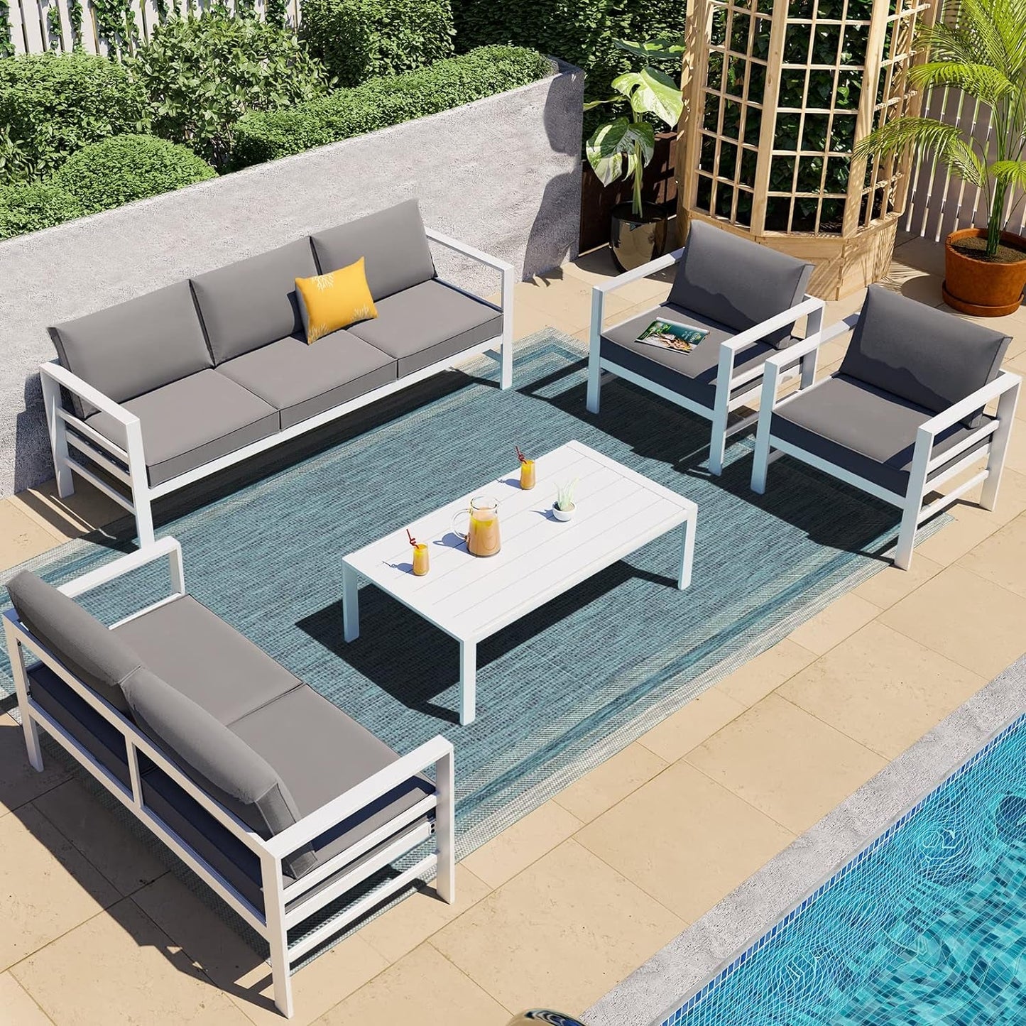 2PCS Outdoor Patio Aluminum Furniture Loveseat with Table, All-Weather Modern Metal Aluminum Conversation White and Grey Outdoor Patio 2 Seats Sofa Furniture Sets for Balconies Backyard Conversation Sets Lawn & Garden Patio Patio Furniture & Accessories Patio Furniture Sets