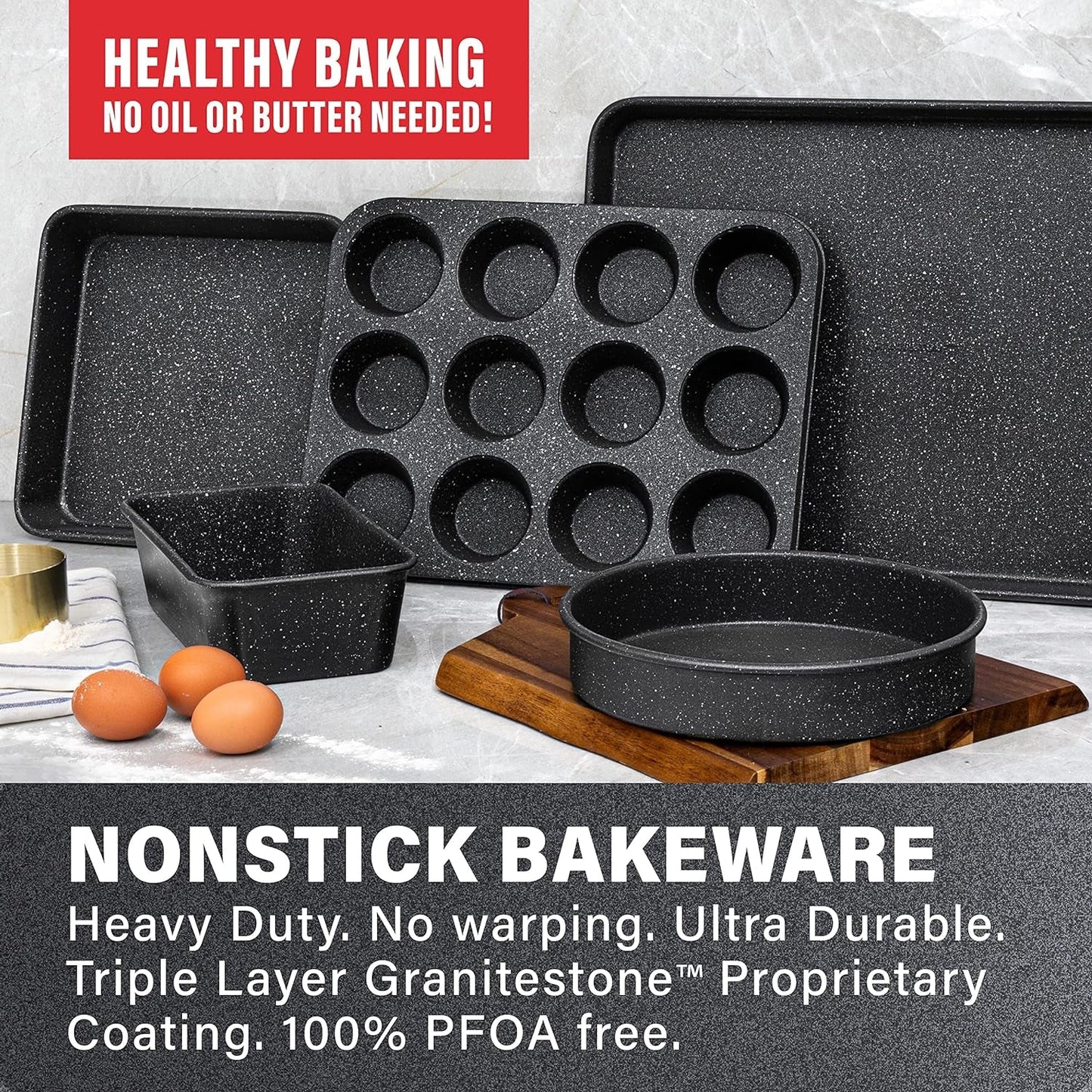 Granite Stone Pro 5 Piece Bakeware Set, 0.8MM Gauge, Durable Nonstick Surface, Oven Safe 550°F with No Warping, Dishwasher Safe, Cookie Sheet, Muffin Pan, Loaf Pan & round Pan and XL Rectangular Tray