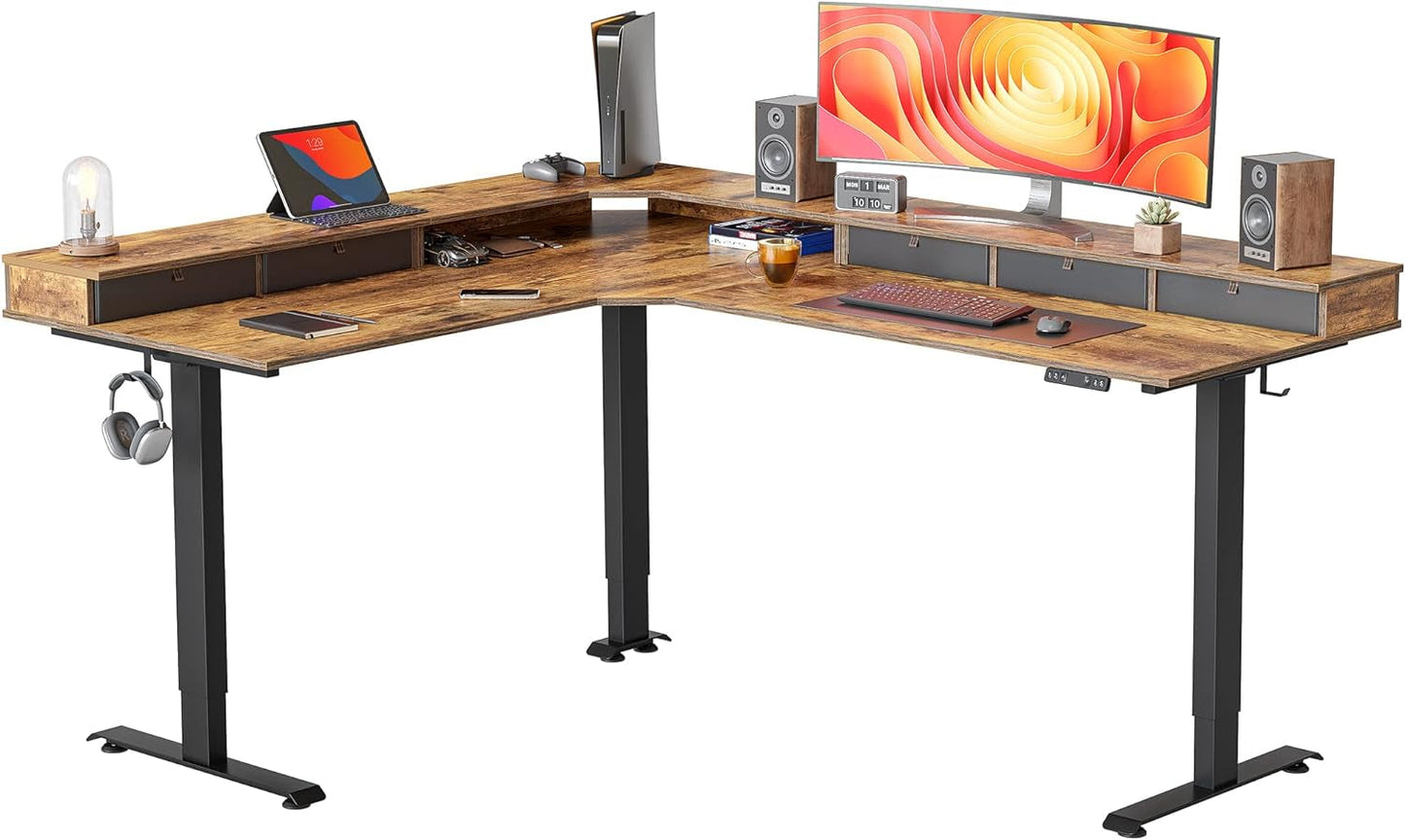 FEZIBO Triple Motor 63" L Shaped Standing Desk with 3 Drawers, Electric Standing Gaming Desk Adjustable Height, Corner Stand up Desk with Splice Board, White Frame/White Top Furniture Home & Kitchen Home Office Desks Home Office Furniture