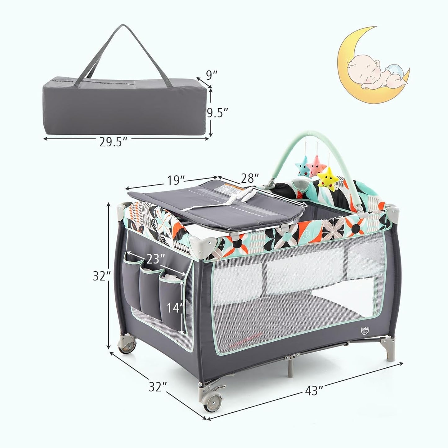 BABY JOY 4 in 1 Pack and Play, Portable Baby Playard with Bassinet, Side Zipper Door, Changing Table, Indoor Outdoor Travel Nursery Center W/Toy Bar, Lockable Wheels, Carry Bag