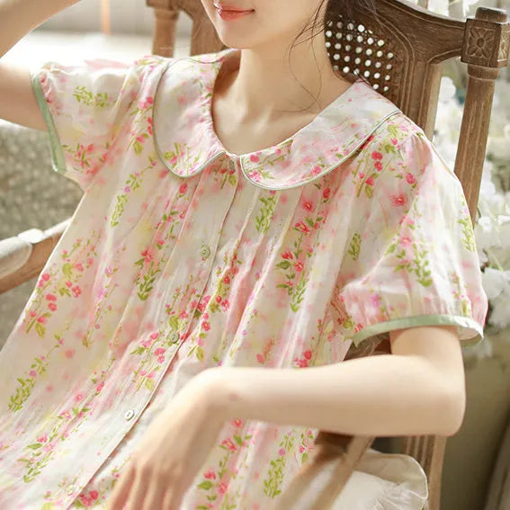 Soft Ruched Floral Washed Cotton Pajama Set