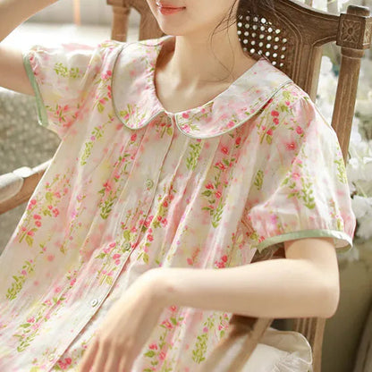 Soft Ruched Floral Washed Cotton Pajama Set