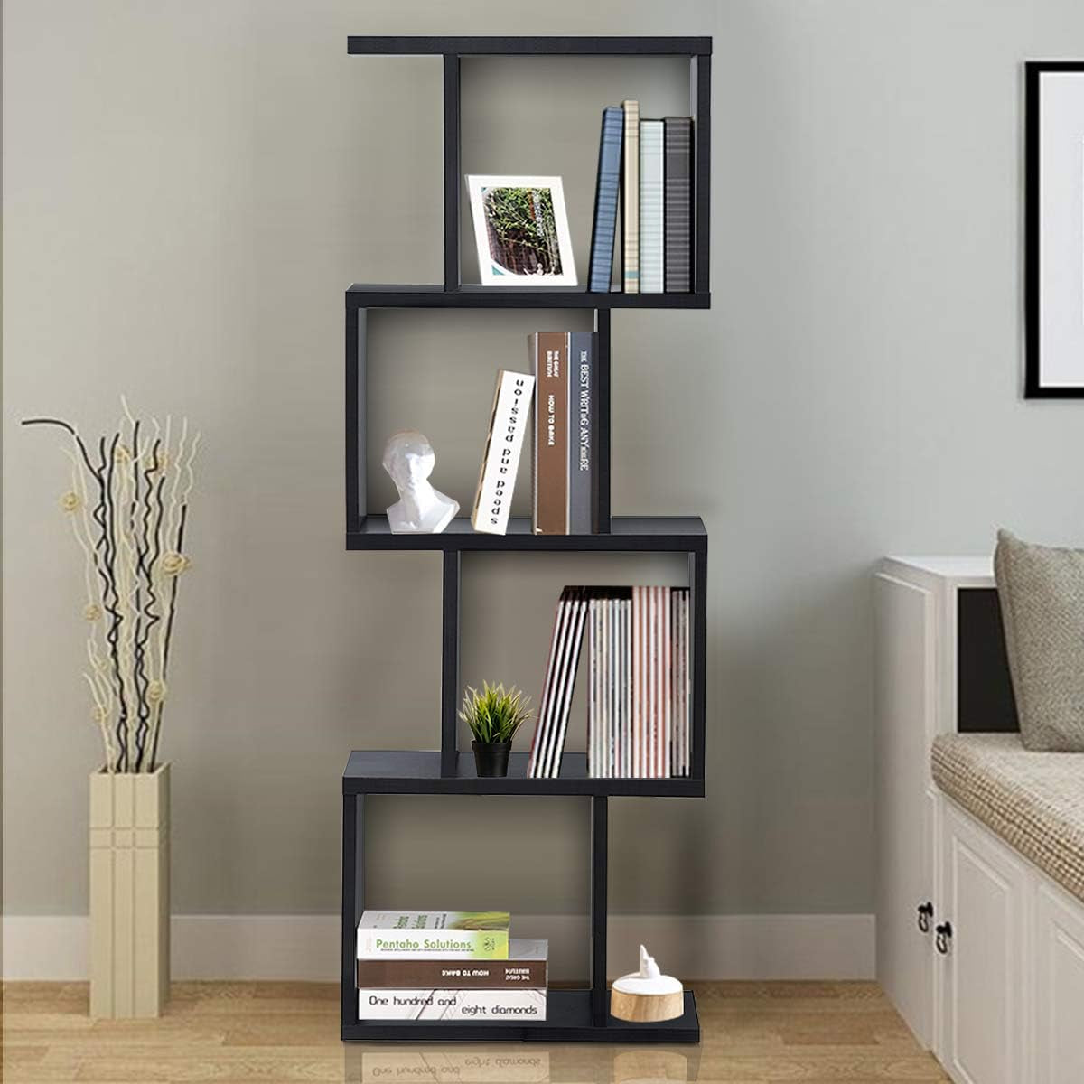 Giantex 4 Tier Bookshelf S Shaped Bookcase, Multifunctional Wooden Display Decor Furniture, Free Standing Industrial Storage Rack for Living Room Bedroom Office, Modern 4 Shelf Bookcase (Black, 1) Bookcases Furniture Home & Kitchen Home Office Furniture