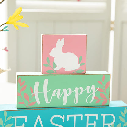 Glitzhome Wooden Block Table Sayings Happy Easter Bunny Holiday Decorations Signs, Multi-Color Decorative Accessories Decorative Signs & Plaques Home & Kitchen Home Décor Accents Home Décor Products