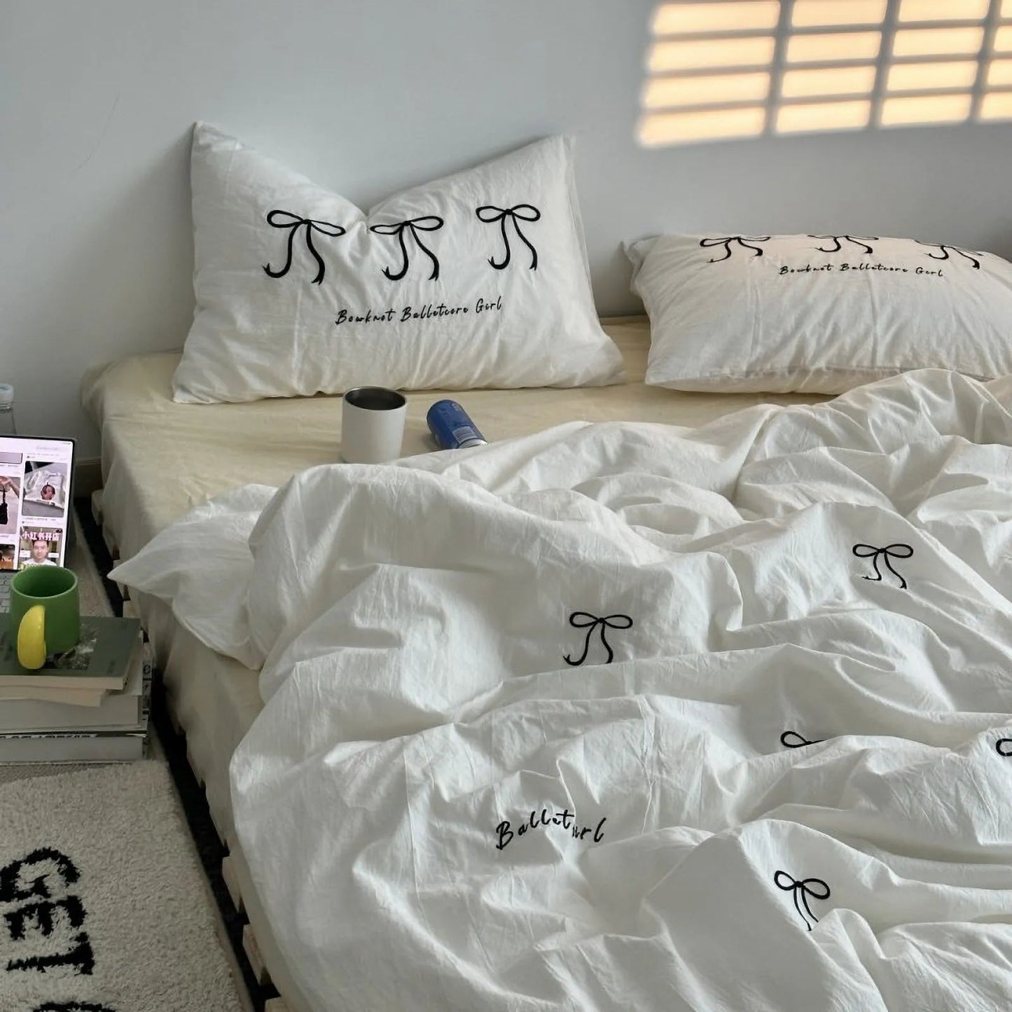 Textured Embroidered Bowknot Washed Cotton Bedding Set