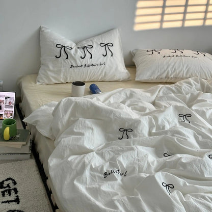 Textured Embroidered Bowknot Washed Cotton Bedding Set