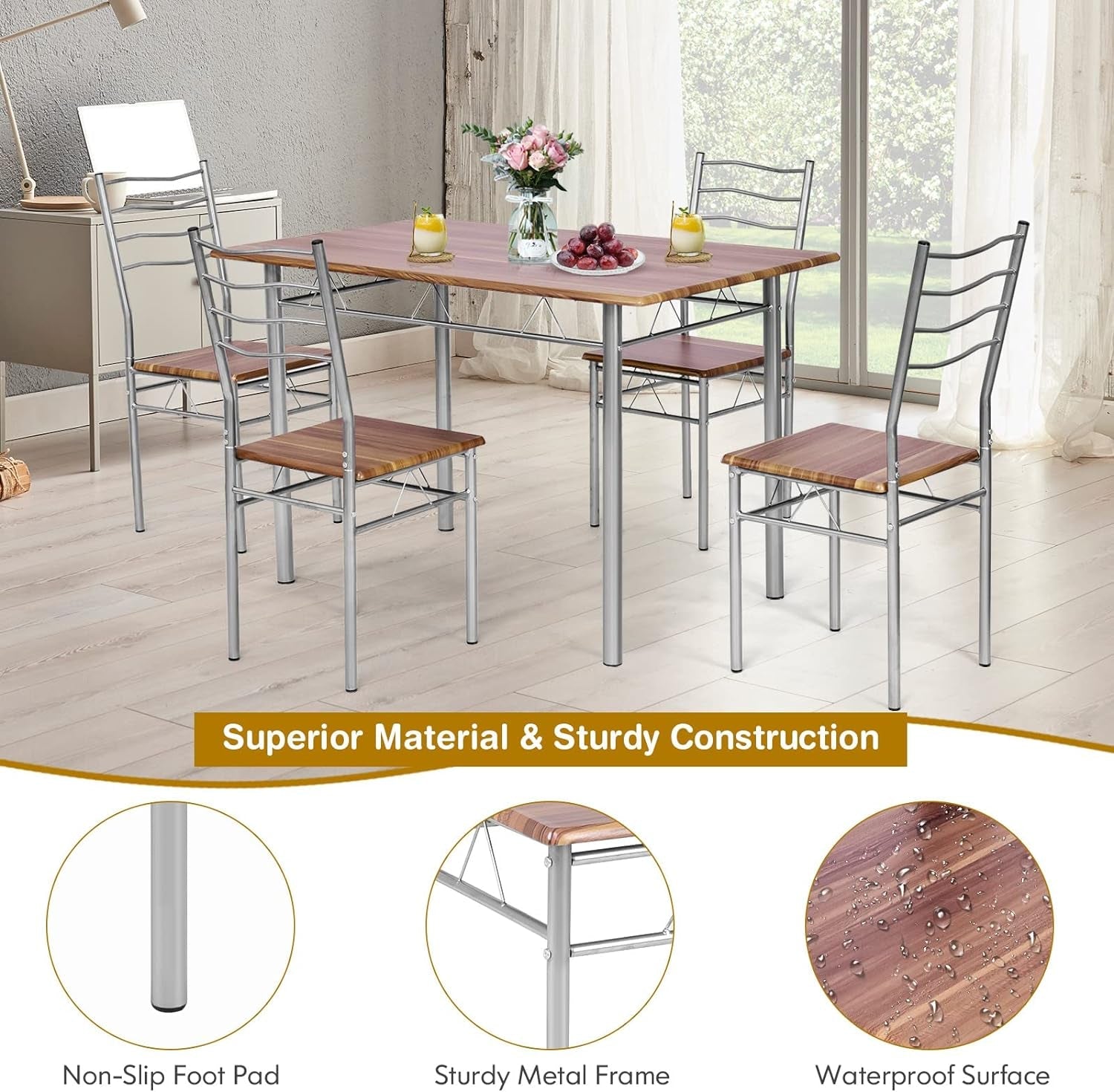 COSTWAY 5 Pieces Dining Room Table Set, Modern Kitchen Table Set with Metal Framework & Anti-Slip Pads, Dining Furniture Set with 4 High Back Chairs for Dining Room, Restaurant and Cafe (Natural Wood) Dining Room Furniture Furniture Home & Kitchen Table & Chair Sets