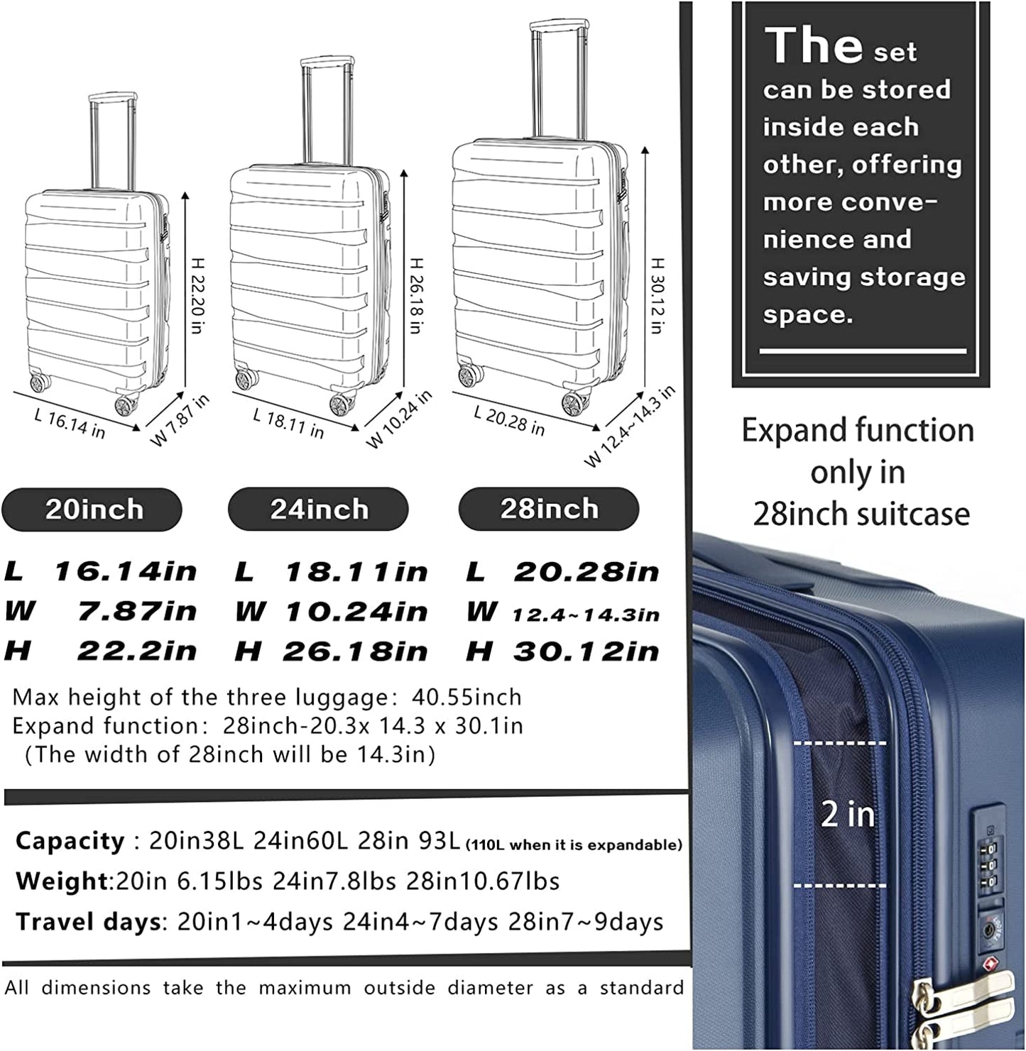 Coolife Luggage 2 Piece Luggage Set Carry on Spinner Suitcase Set with Pocket Compartment Weekend Bag Hardside Trunk Clothing Luggage Luggage & Bags Luggage & Travel Gear Luggage Sets Shoes & Jewelry Suitcases