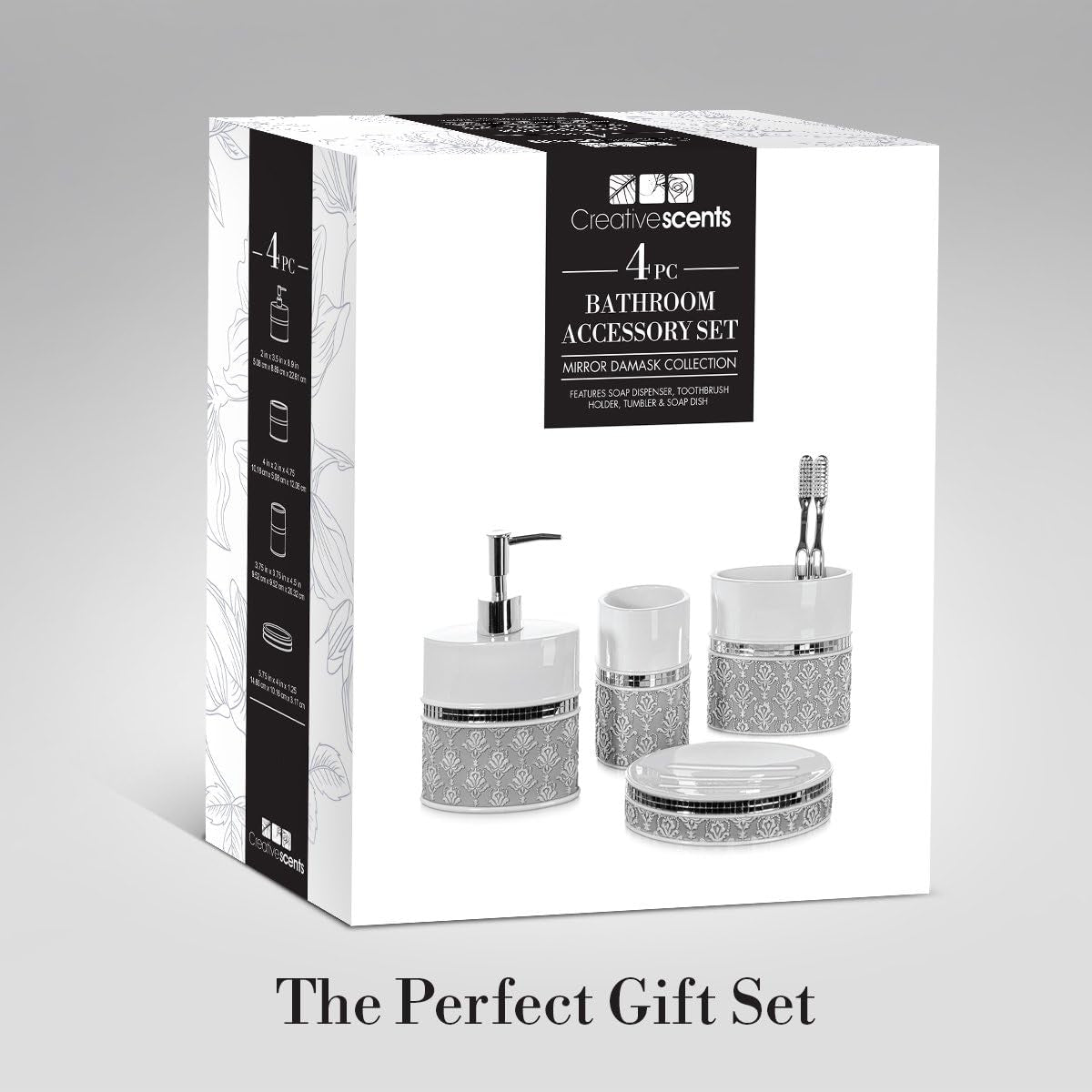 Creative Scents Bathroom Accessory Set - White and Gray Bathroom Décor Set - 4 Piece Decorative Bathroom Set Includes: Soap Dispenser, Soap Dish, Toothbrush Holder and Tumbler (Mirror Damask) Bath Bathroom Accessories Bathroom Accessory Sets Home & Kitchen