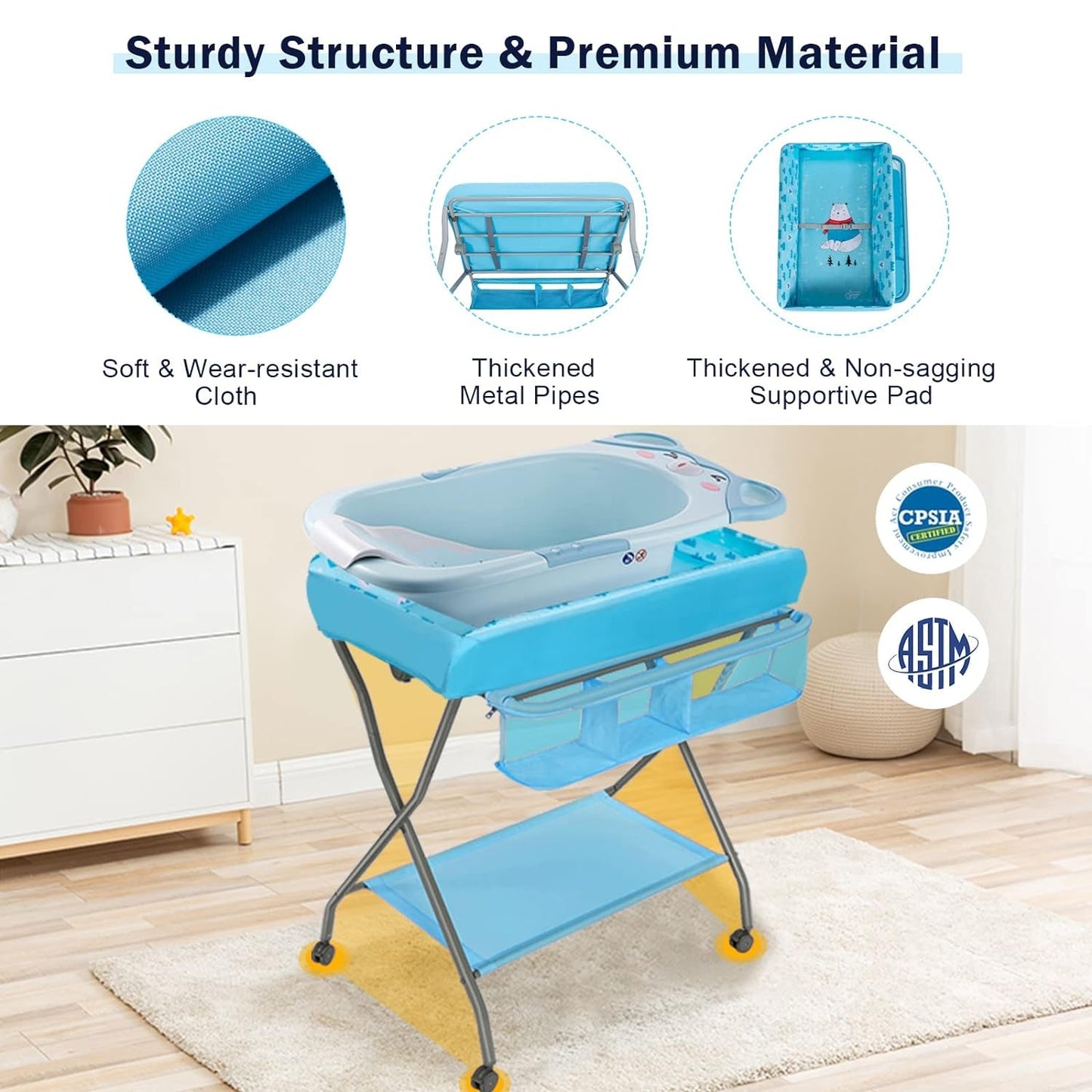 Costzon Portable Changing Table, Mobile Baby Changing Table with Wheels, Safety Belt, Large Storage Basket, Rack & Shelf, Folding Diaper Changing Station Nursery Organizer for Infant Newborn (Blue) Baby Products Changing & Dressing Changing Tables Furniture Nursery