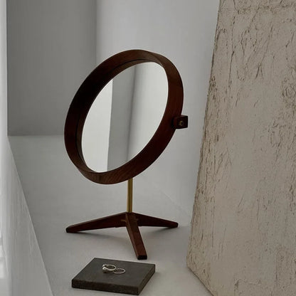 Natural Grain Round Walnut Wood Desktop Mirror