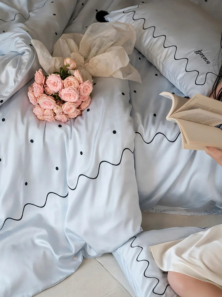 Silky Pom Pom Wavy Embroidered Tencel Bedding Set