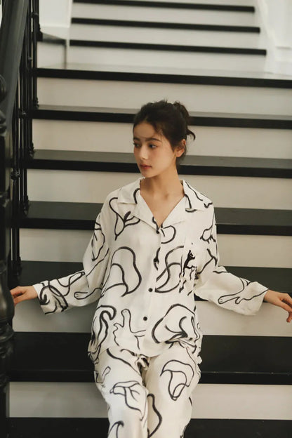 Silky Abstract Cat Sketch Cotton Sateen Pajama Set