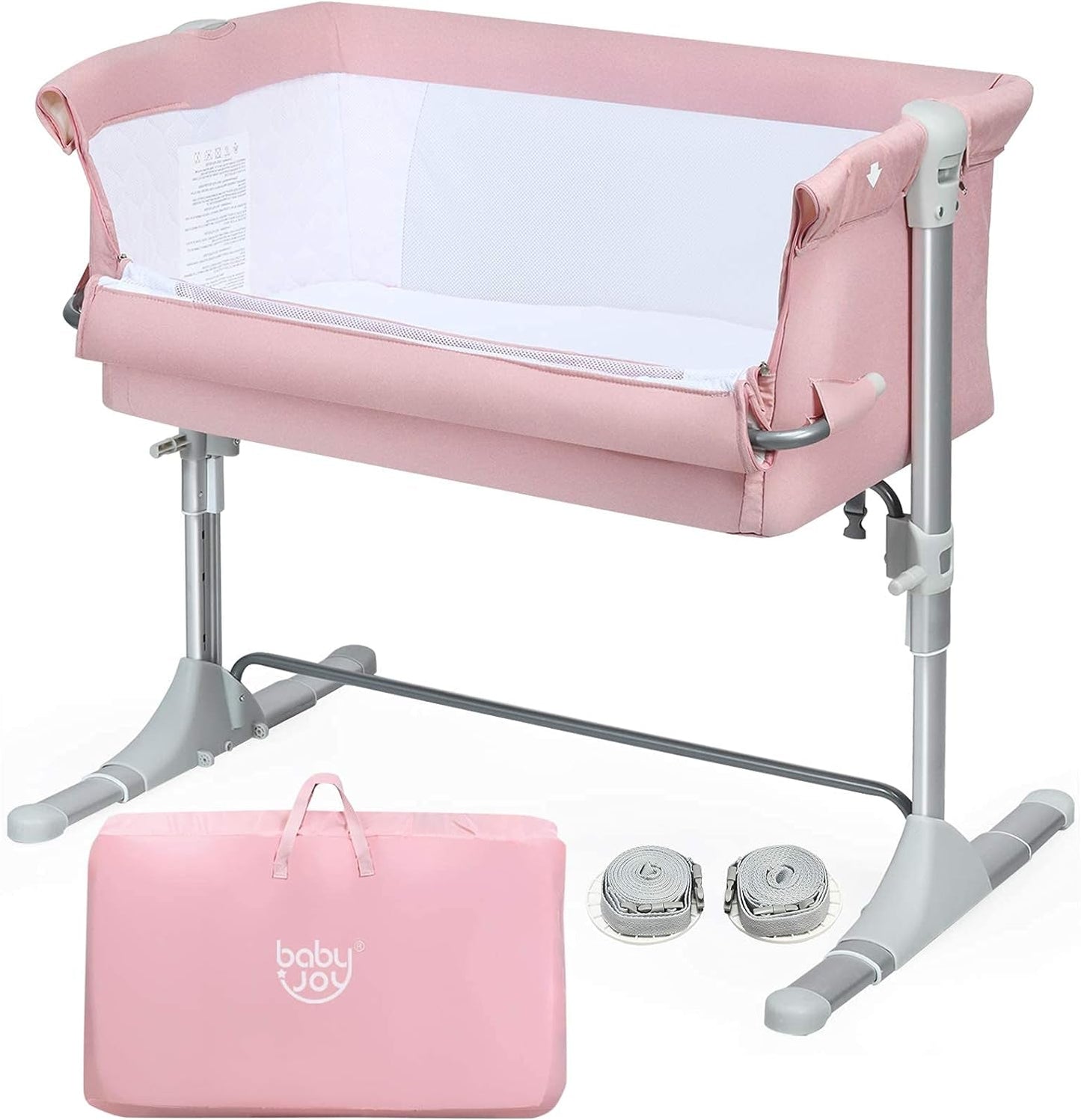 BABY JOY Bedside Bassinet, Co Sleeper Portable Crib W/Travel Bag, Detachable & Washable Mattress, Breathable Mesh, Newborn Infant Baby Bed, Height & Angle Adjustable (Pink) Baby Products Bassinets Bedside Cribs Furniture Infant & Toddler Beds Nursery