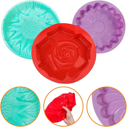 3 Pack Large Silicone Baking Molds,Danzix Rose Sunflower Whirlwind Shape Non-Stick Baking Trays for Birthday Party Cake Bread Diy-Red,Green,Purple Bakeware Cake Pans Home & Kitchen Kitchen & Dining Specialty & Novelty Cake Pans