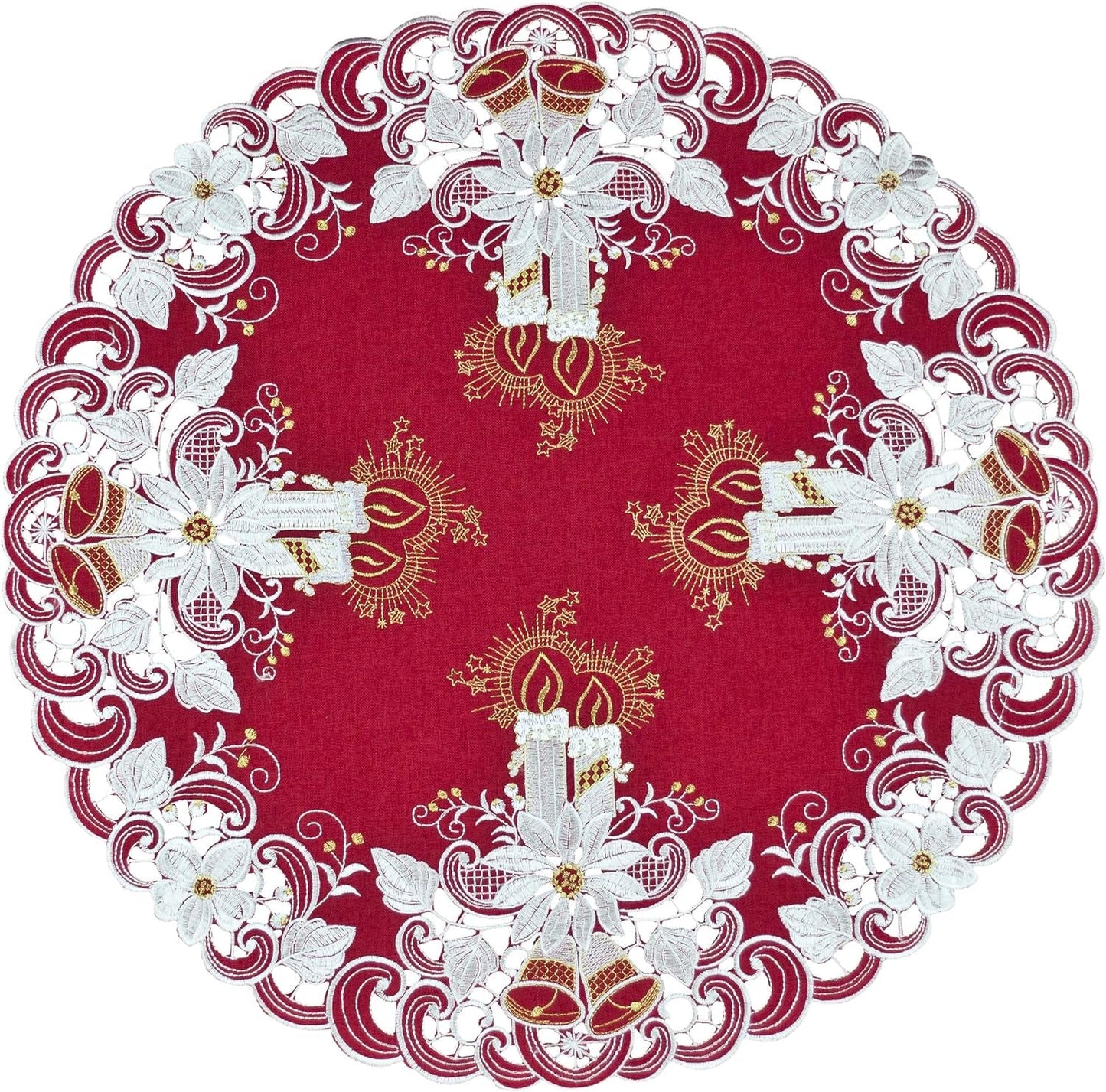 Christmas Candles Bells and Poinsettia Embroidered Red Doily Place Mat Small Table Topper (24 Inch Round)