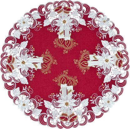 Napperon rouge brodé avec bougies de Noël, cloches et poinsettia, petit dessus de table (rond de 61 cm)