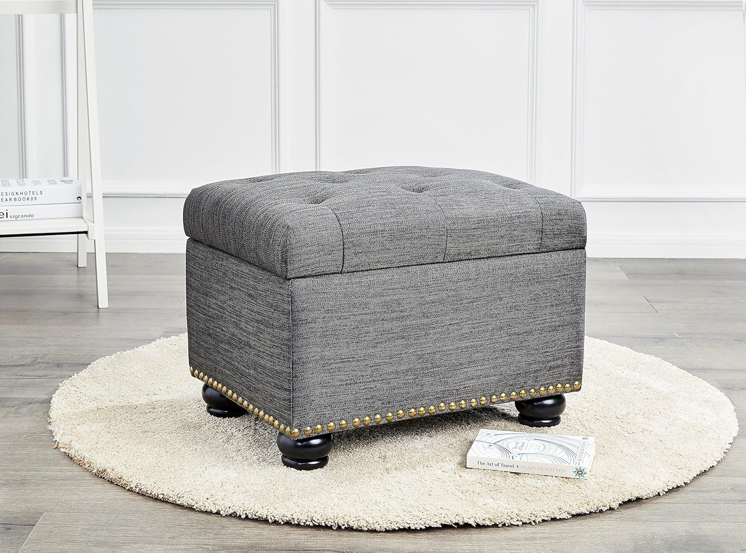 FIRST HILL FHW Grey 5Th Ave Modern Charcoal Linen Upholstered Storage Ottoman, Gray Furniture Home & Kitchen Living Room Furniture Ottomans