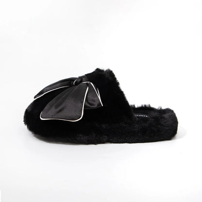 Plush Satin Bow Faux Fur House Slippers
