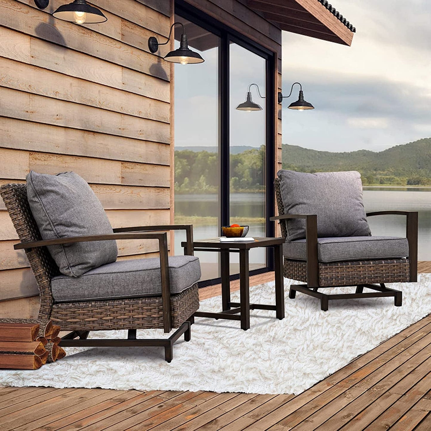 Grand Patio Outdoor 3-Piece Aluminum Conversation Furniture Sofa Set PE Wicker Stationary Rockers with Wood Grain Finish and Coffee Table, Removable Olefin Cushion Dark Brown Conversation Sets Lawn & Garden Patio Patio Furniture & Accessories Patio Furniture Sets