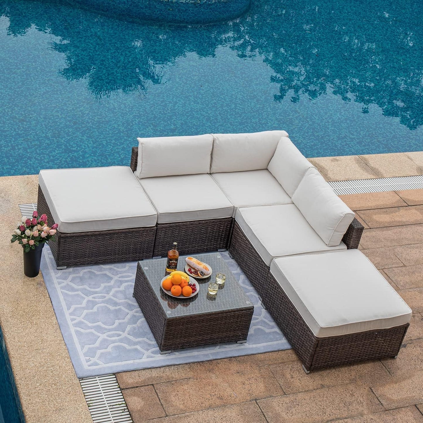 COSIEST 6-Piece Outdoor Furniture Set Brown Wicker Sectional Sofa W Thick off White Cushions, Glass Coffee Table, 2 Ottomans for Garden, Pool, Backyard Conversation Sets Lawn & Garden Patio Patio Furniture & Accessories Patio Furniture Sets