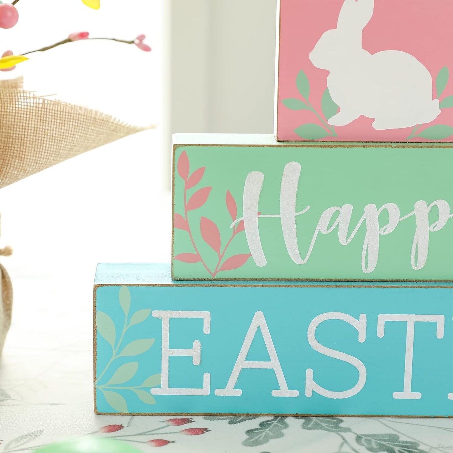 Glitzhome Wooden Block Table Sayings Happy Easter Bunny Holiday Decorations Signs, Multi-Color Decorative Accessories Decorative Signs & Plaques Home & Kitchen Home Décor Accents Home Décor Products