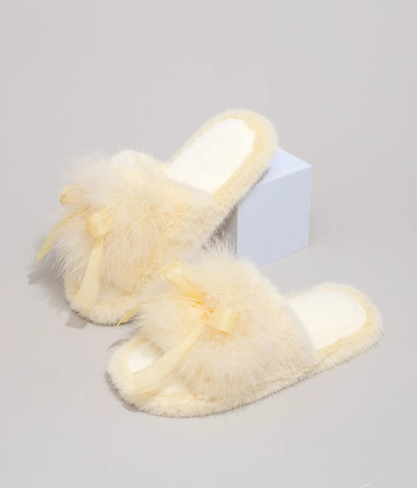 Plush Satin Bow Faux Fur House Slippers