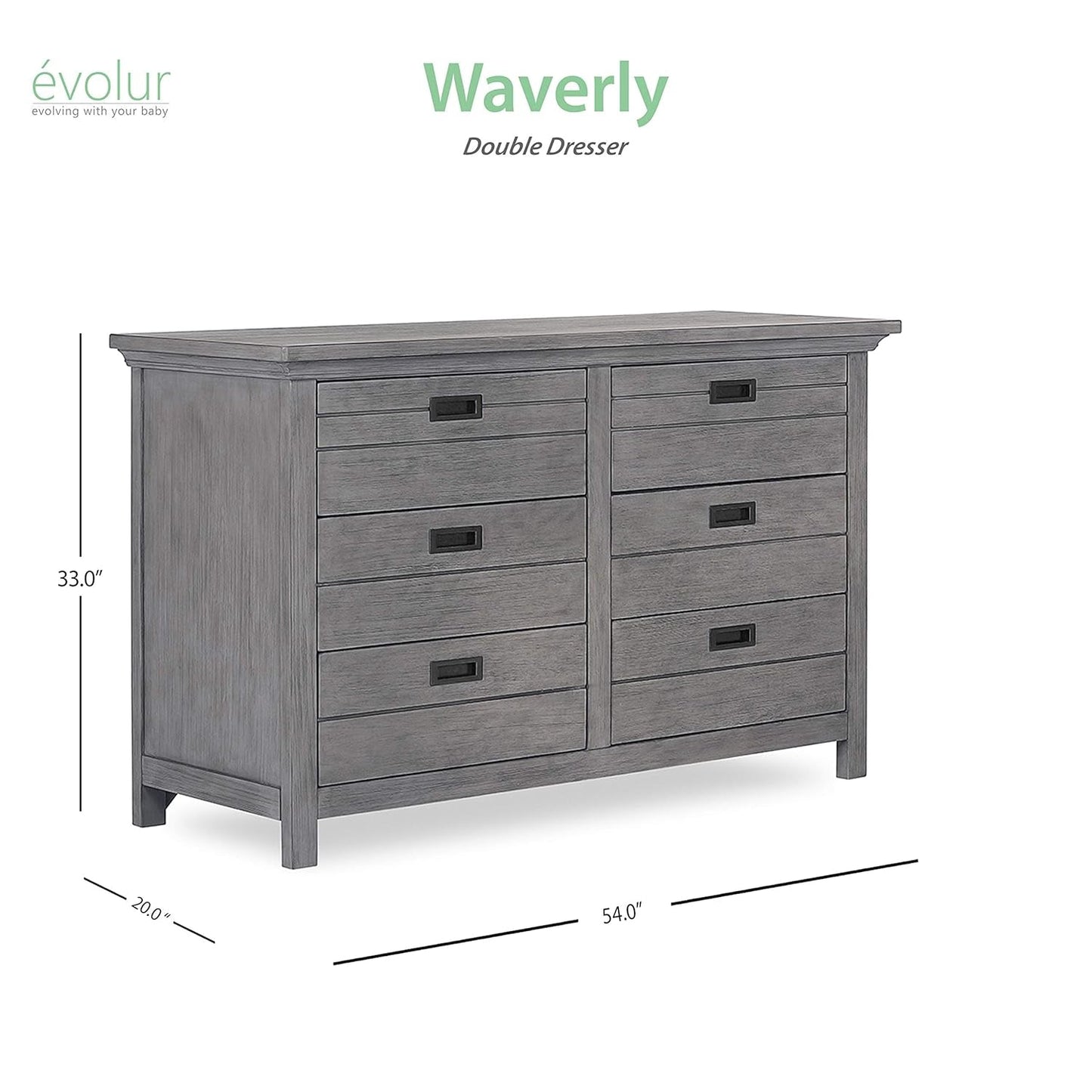 Evolur Waverly Double Dresser, Rustic Grey , 54X20.25X33 Inch (Pack of 1) Baby Products Changing & Dressing Chests & Dressers Furniture Nursery