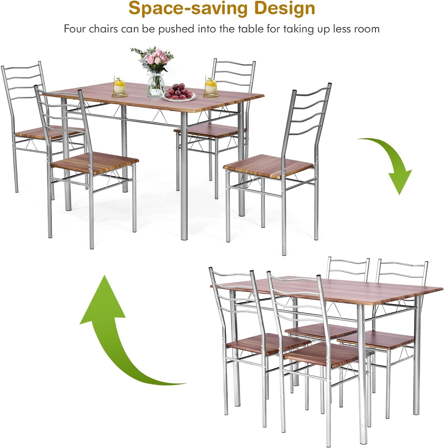 COSTWAY 5 Pieces Dining Room Table Set, Modern Kitchen Table Set with Metal Framework & Anti-Slip Pads, Dining Furniture Set with 4 High Back Chairs for Dining Room, Restaurant and Cafe (Natural Wood) Dining Room Furniture Furniture Home & Kitchen Table & Chair Sets