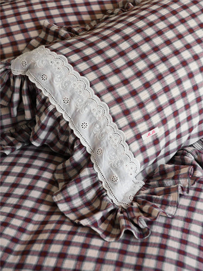 Lace Ruffle Gingham Washed Cotton Bedding Set