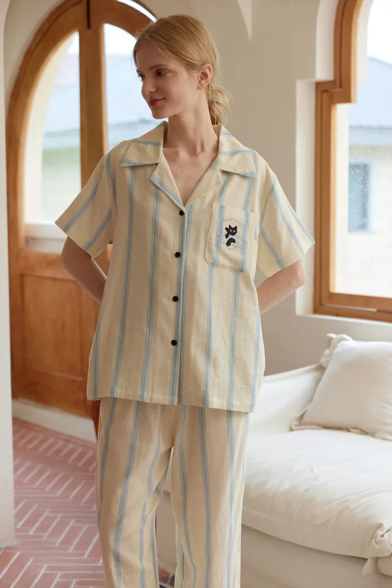Cat Embroidered Striped Double Gauze Pajama