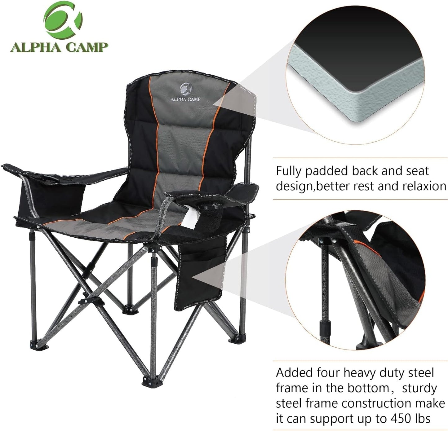 ALPHA CAMP Oversized Camping Folding Chair, Heavy Duty Support 450 LBS Steel Frame Collapsible Padded Arm Chair with Cup Holder Quad Lumbar Back, Portable for Outdoor,Black Camping & Hiking Camping Furniture Chairs Outdoor Recreation Sports & Outdoors