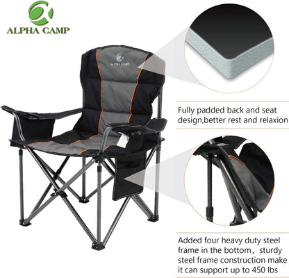 ALPHA CAMP Oversized Camping Folding Chair, Heavy Duty Support 450 LBS Steel Frame Collapsible Padded Arm Chair with Cup Holder Quad Lumbar Back, Portable for Outdoor,Black Camping & Hiking Camping Furniture Chairs Outdoor Recreation Sports & Outdoors