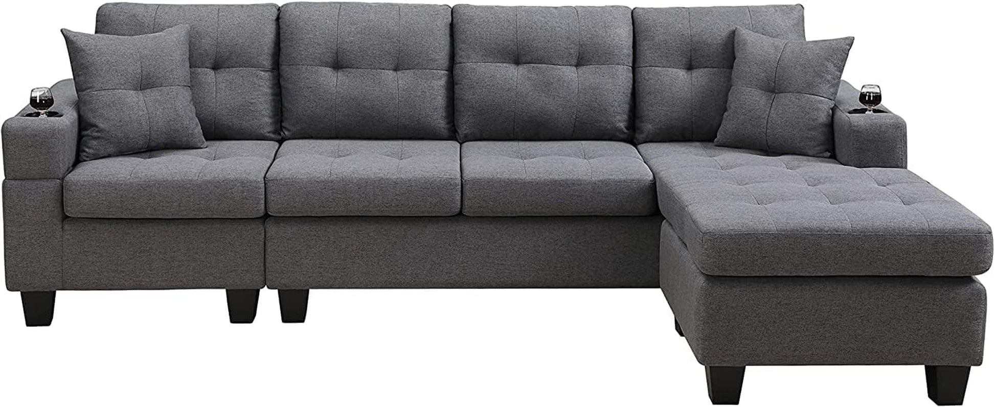 Gray Sectional Sofa with Reversible Left/Right Chaise Lounge and 2 Cup Holders, 4-Seat L-Shaped Couch for Home Apartment Living Room Compact Space Furniture Furniture Home & Kitchen Living Room Furniture Sofas & Couches