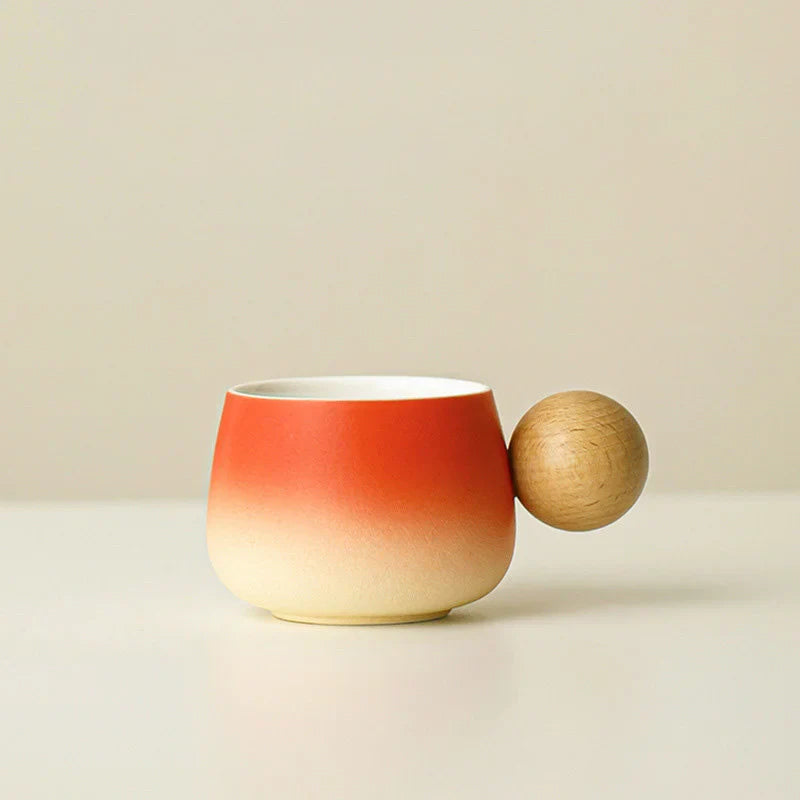 Matte Gradient Ceramic Mug Set with Wooden Handle