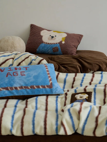 Plush Cartoon Striped Flannel Fleece Bedding Set