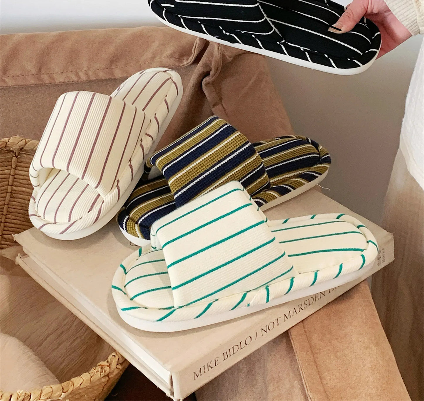 Soft Ribbed Striped Cotton House Slippers