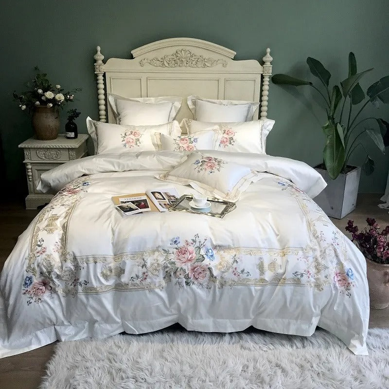 Destiny Blossom Floral Embroidered Egyptian Cotton Bedding Set