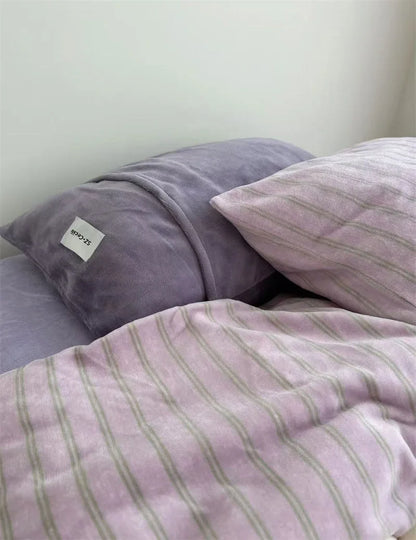 Plush Pinstripe Flannel Fleece Bedding Set