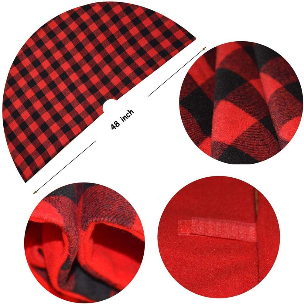 Christmas Tree Skirt 48 Inch Buffalo Plaid Xmas Tree Skirts Red and Black Checked Double Layers Tree Skirts Xmas Tree Mat for Holiday Party Mat Xmas Ornaments