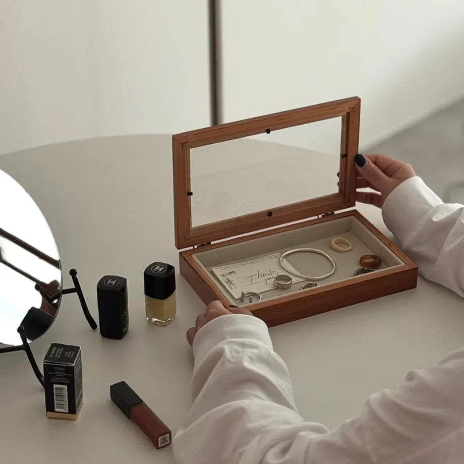 Minimalist Glass Lid Wood Jewelry Organizer