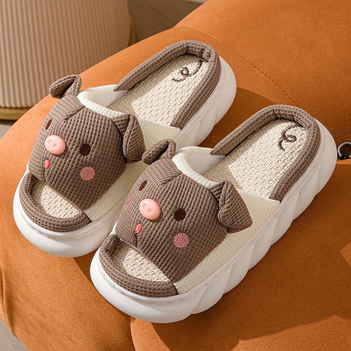 Waffle Textured Embroidered Pig Linen House Slippers